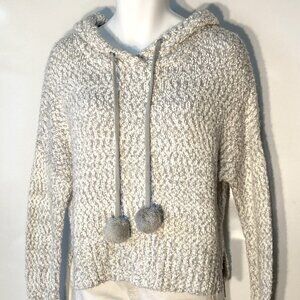 Yet Again SZ M Hooded Popcorn Knit Boxy Sweater Pom Poms